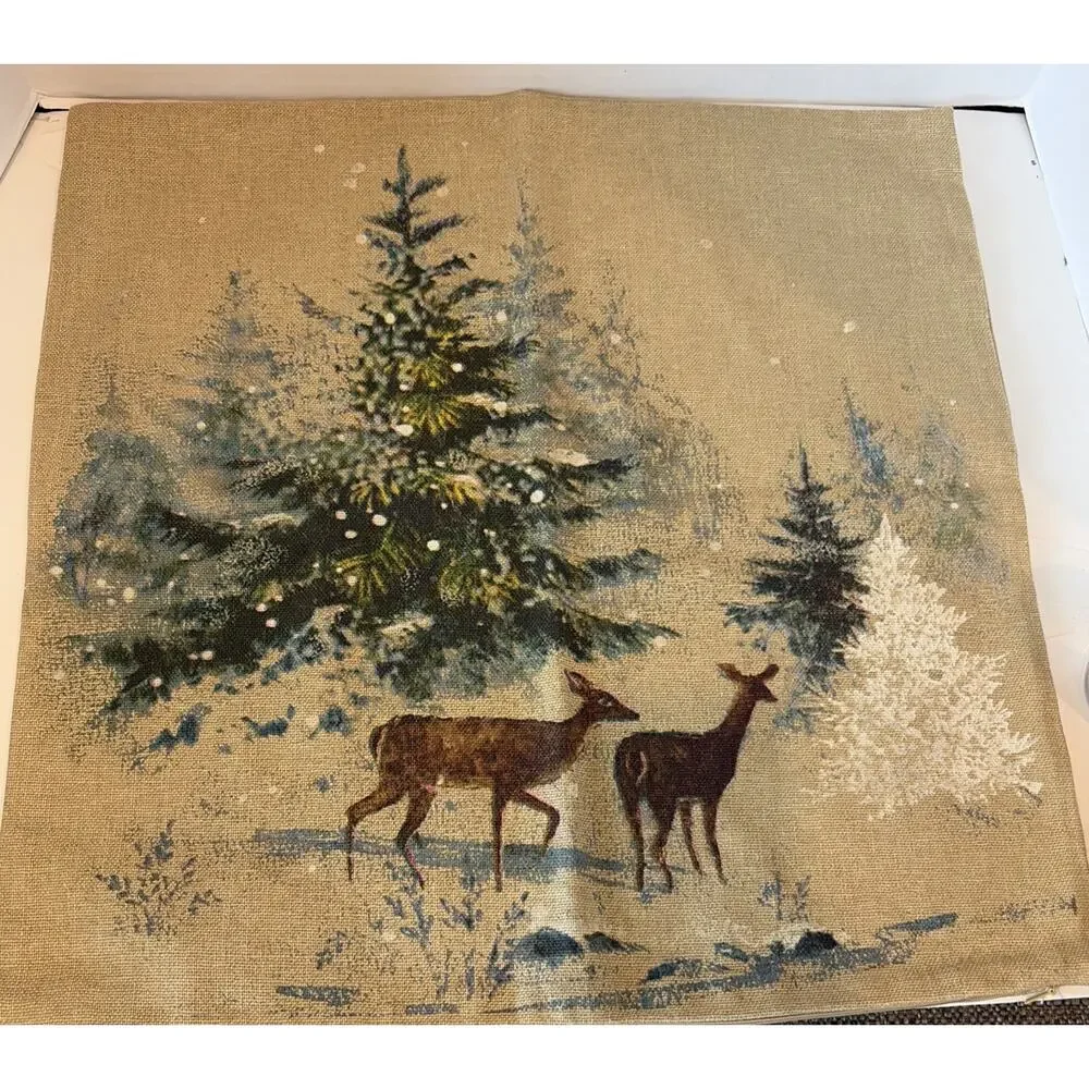 Pottery Barn Accent Pillow Cover Deer Winter Scene 20 X 20 Inch Square Zip NWT